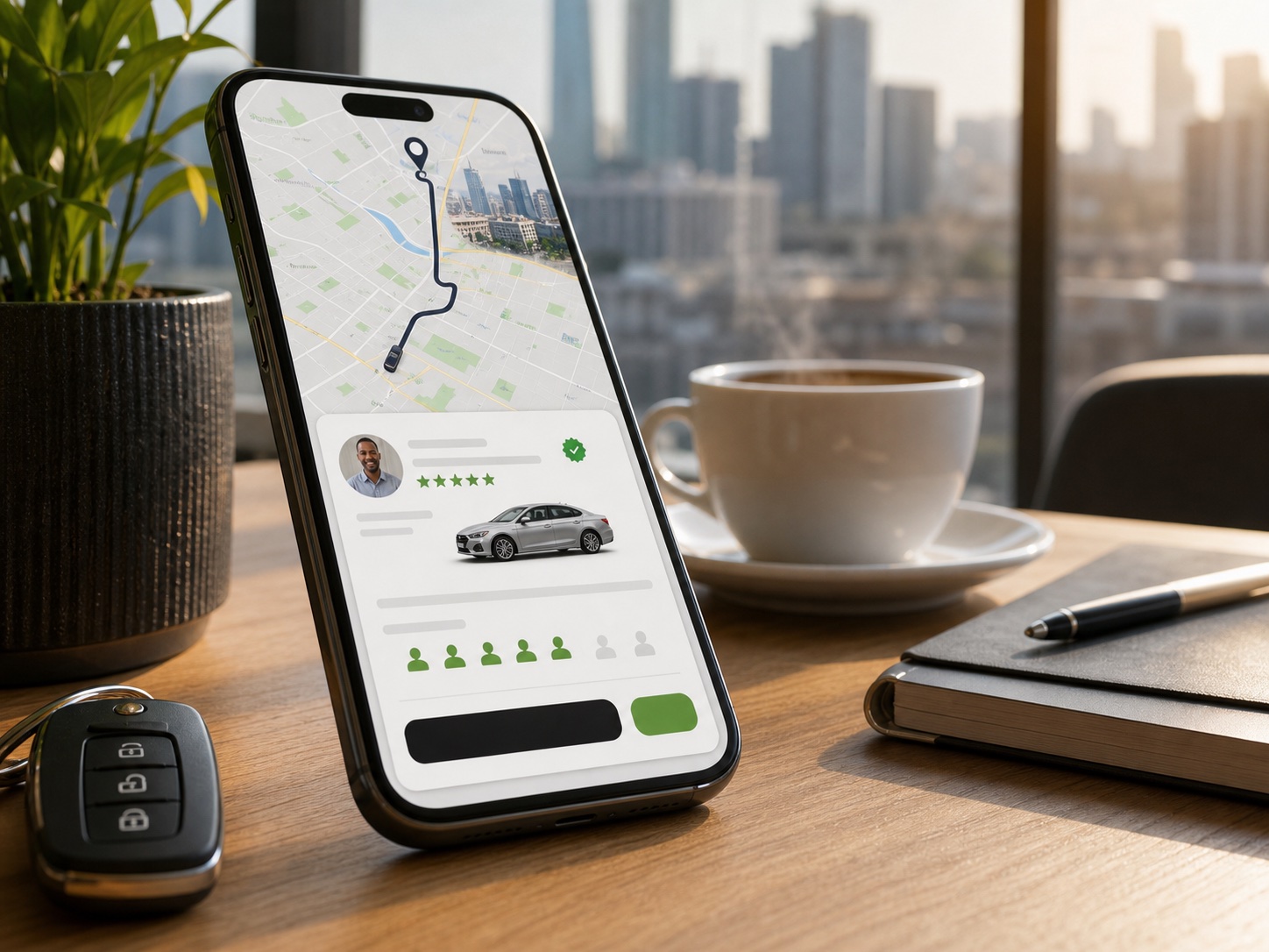 A phone showing a verified lift club route, driver card, and seat availability